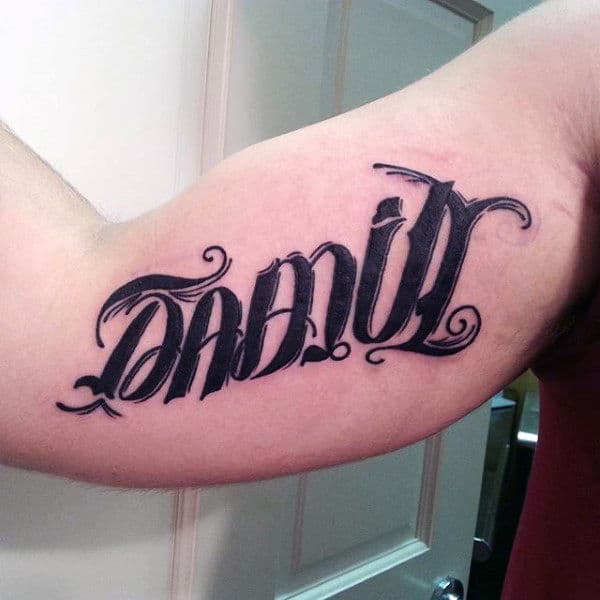 Bicep Mens Family Ambigram Tattoos In Black Ink
