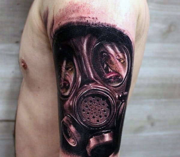 Bicep Mens Gas Mask Tattoo Ideas