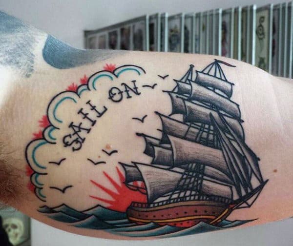 Bicep Mens Sailor Jerry Style Tattoos With Sail On