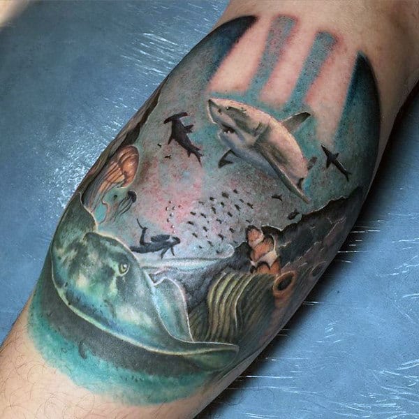 Bicep Mens Salt Water Sea Life Tattoo On Bicep
