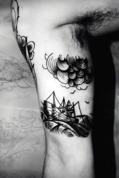Bicep Mens Ship And Storm Cloud Tattoos