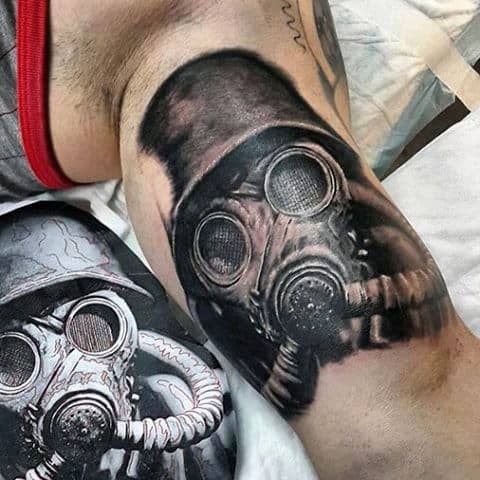 Bicep Military Gas Mask Guys Tattoo In Black Ink