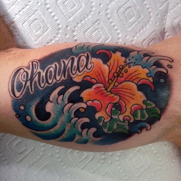 Bicep Ohana Guys Hibiscus Waves Tattoo