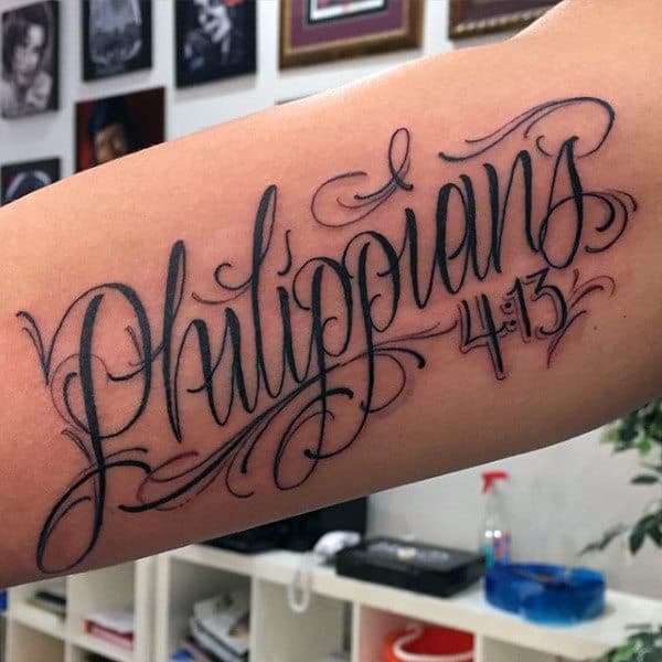Bicep Philippians Scripture Tattoo Ideas For Guys
