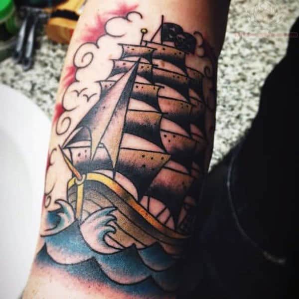 Bicep Pirate Ship Men's Tattoo Ideas