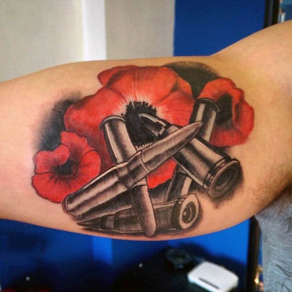 Bicep Poppy Flower Bullets Male Tattoos