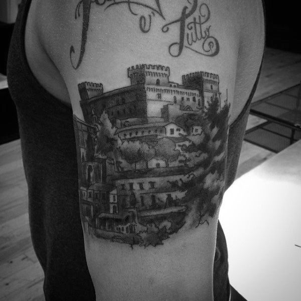Bicep Scottish Mens Castle Tattoo Design