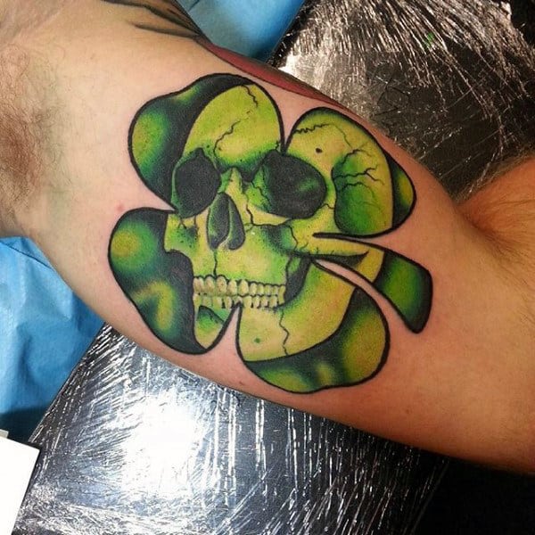 Bicep Skull 4 Leaf Clover Tattoos For Males