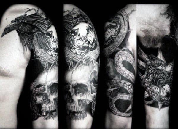 Black and grey sleeve tattoo featuring a skull, raven, dragon, and snake with intricate shading and bold details on the upper arm