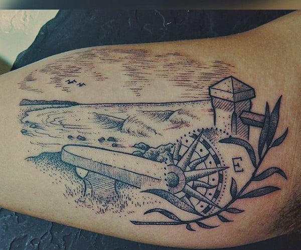 Bicep Tattoos Of Palm Trees And Beaches For Males