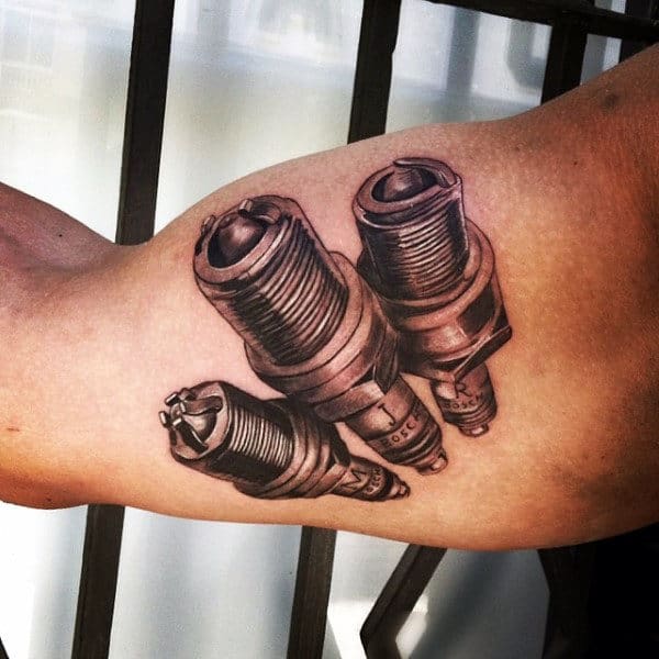 Bicep Three Small Engine Equipment Spark Plug Tattoo Ideas