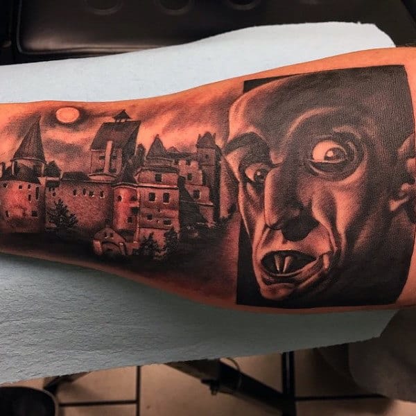 Bicep Vampire Night Scene Tatto With Castle On Man
