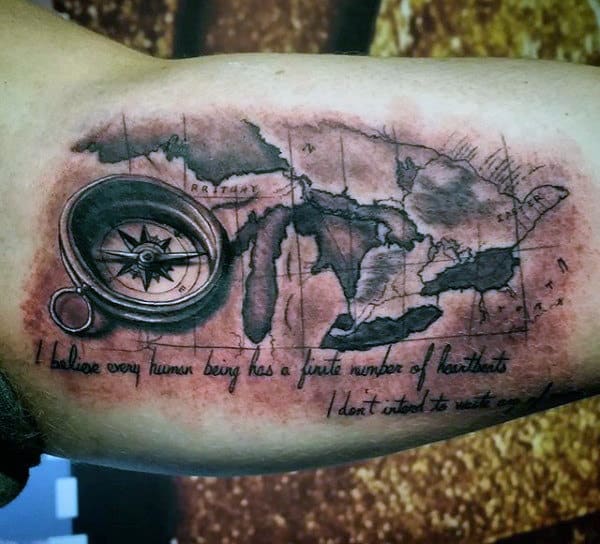 Bicep World Map Tattoo With Quote For Men