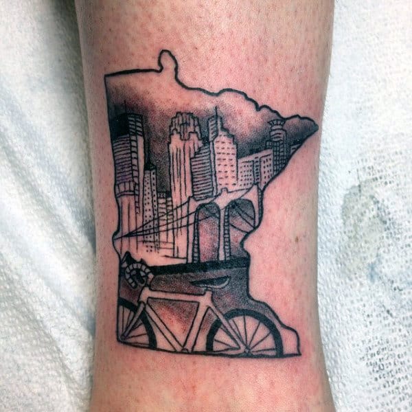 Bicycle In A City Logo Tattoo On Legs For Men