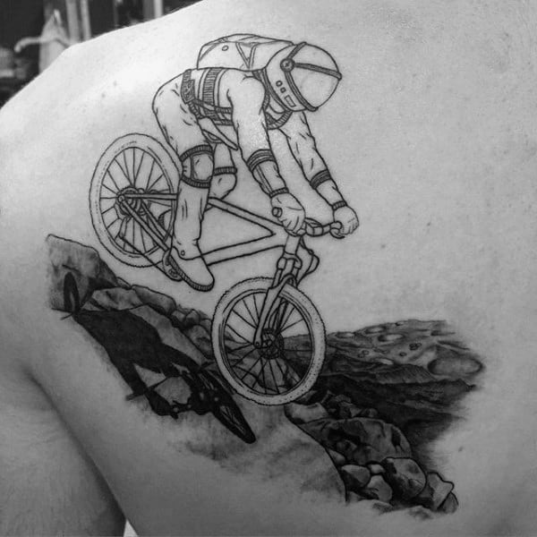 Bicycle Jumping On Rocks Tattoo Shoulder Male