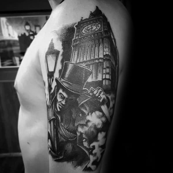 Detailed black and grey tattoo of Big Ben with a Victorian figure holding a knife, set against a misty backdrop, capturing a gothic atmosphere.
