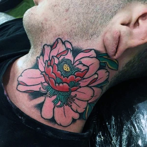 Throat tattoo of a bold pink peony with intricate shading, deep green leaves, and a traditional design for a striking floral look