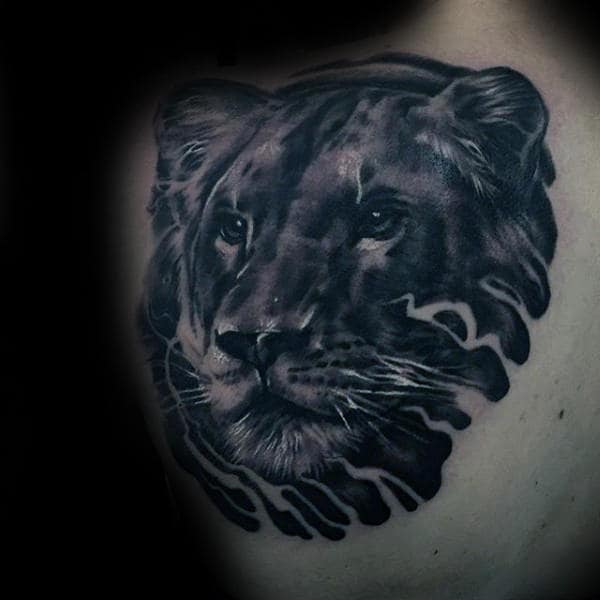 Big Cat Guys Lion Head Upper Back Tattoo