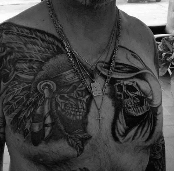 Big Chest Tattoo Shaded Indian Skull And Cowboy For Men