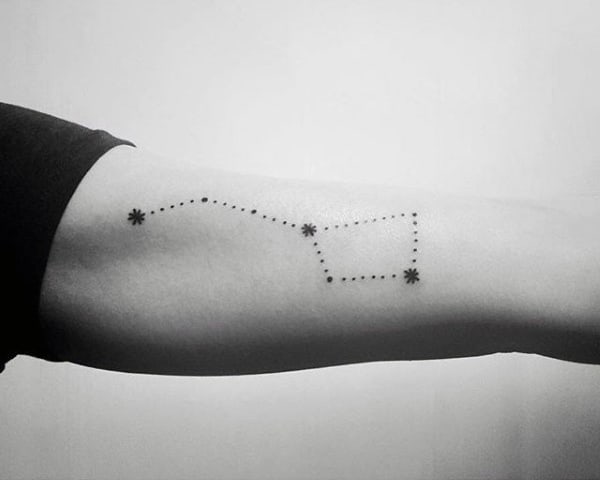 Tattoo of a constellation on a person's forearm, simple black design on light skin