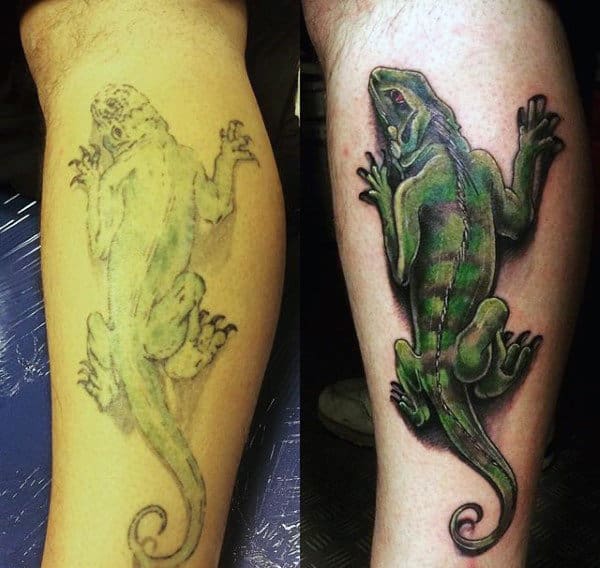 Big Green Lizard Tattoo On Calves For Men