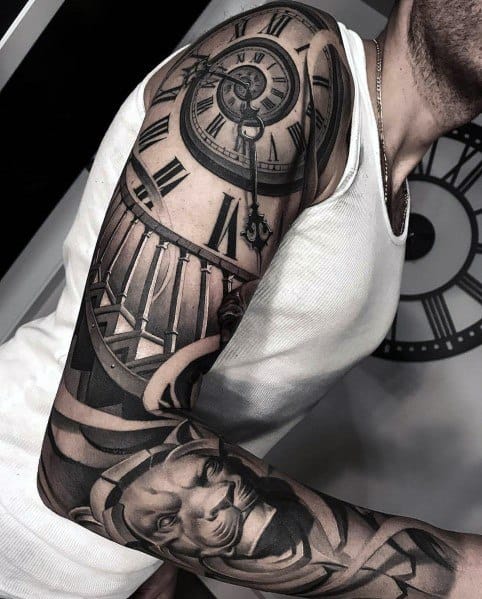 Black and grey full-sleeve tattoo featuring a large Roman numeral clock, a staircase, and a fierce lion for a bold and symbolic design.