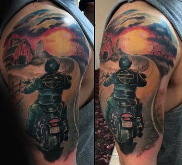 Biker Riding Into The Sunset Mens Half Sleeve Tattoos