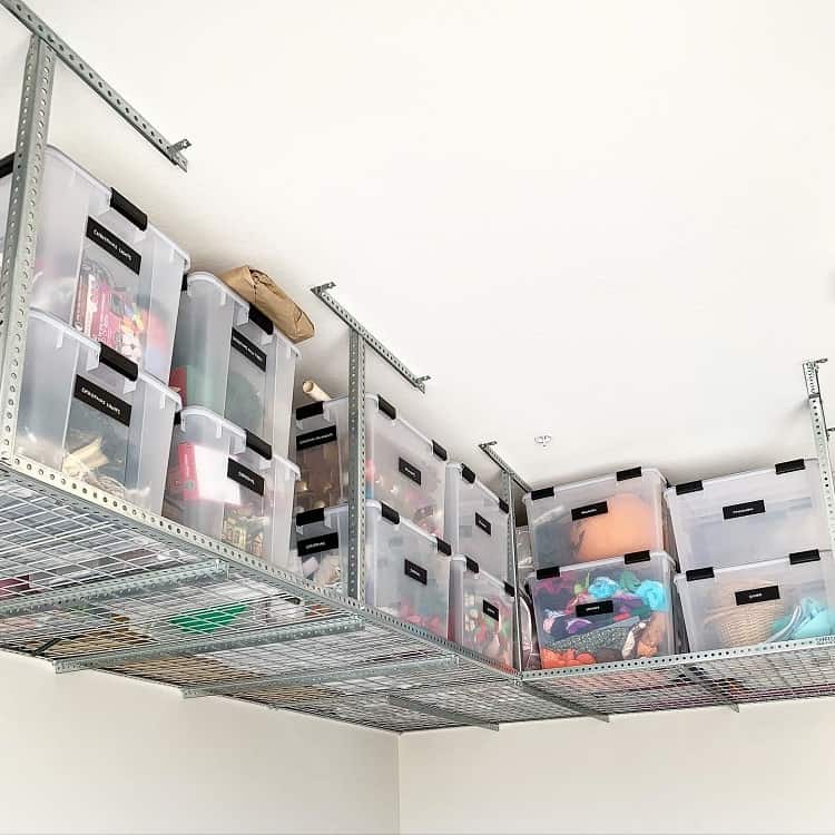 ceiling shelfs with plastic tubs 