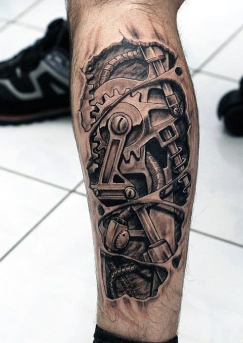 Leg tattoo featuring intricate mechanical gears and cogs in a 3D style