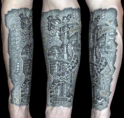 Close-up of biomechanical tattoo on a forearm, featuring gears and circuits