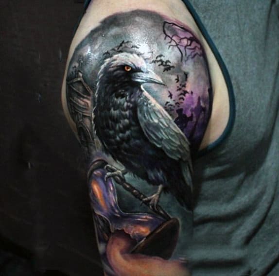 Bird Holding Hourglass With Claws Mens Upper Arm Half Sleeve Tattoos