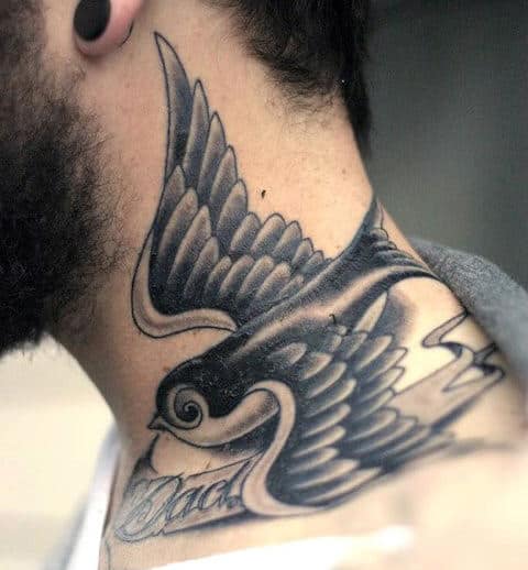 Tattoo of a flying bird on a person's neck with intricate black and gray shading