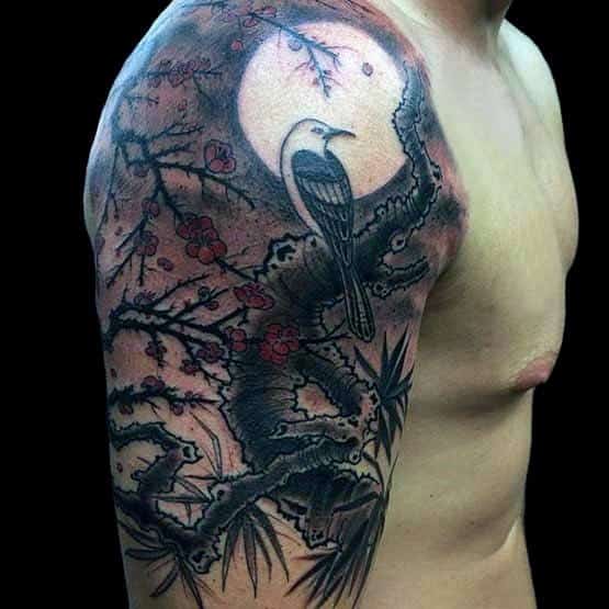 Half-sleeve tattoo featuring a bird perched on a cherry blossom tree, with a glowing full moon in the background and intricate shading