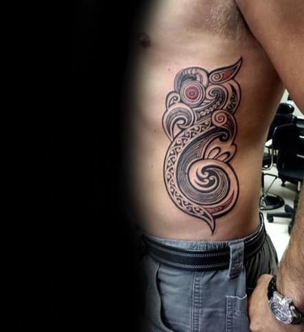 Bird Red And Black Ink Male Tribal Rib Cage Side Tattoos