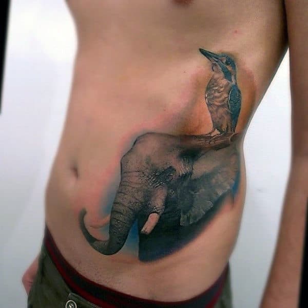 Bird Sitting On Elephant Tattoo Guys Torso