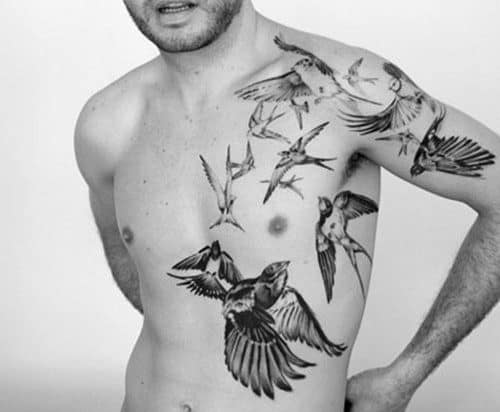 Shirtless man with bird tattoos on his chest, shoulder, and arm