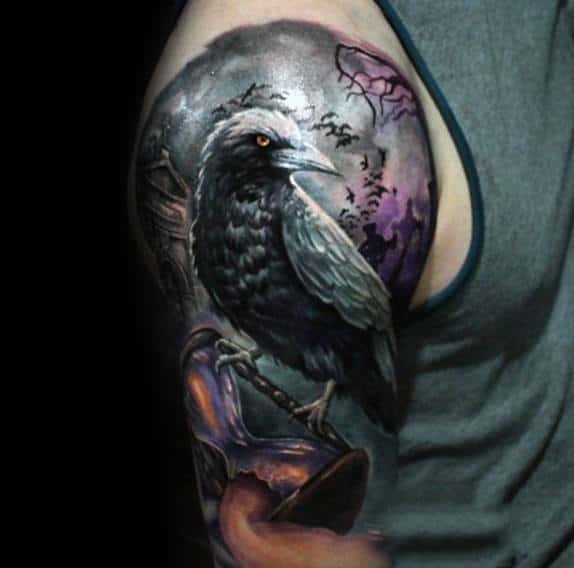 Bird With Broken Hourglass Mens Half Sleeve Tattoos