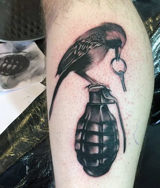 Bird With Grenade Pin Men's Tattoo