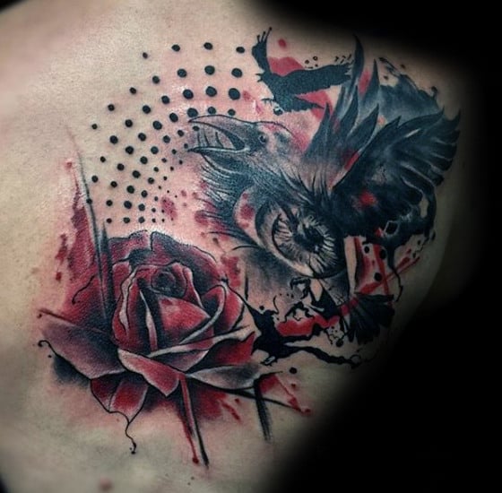 Bird With Rose Watercolor Trash Polka Mens Back Tattoos