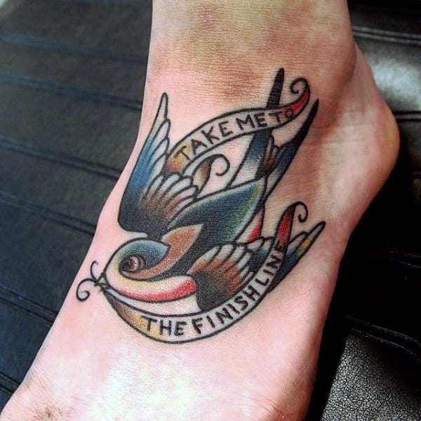 Bird With Saying Tattoo On Foot