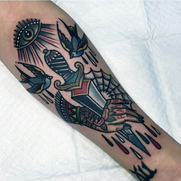 Birds Dagger Fate Tattoo Male Forearms