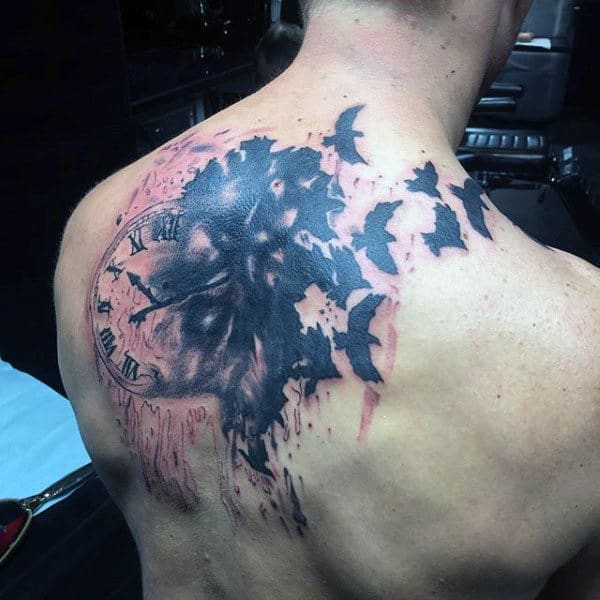 Birds Flying From Melting Clock Mens Back Tattoos