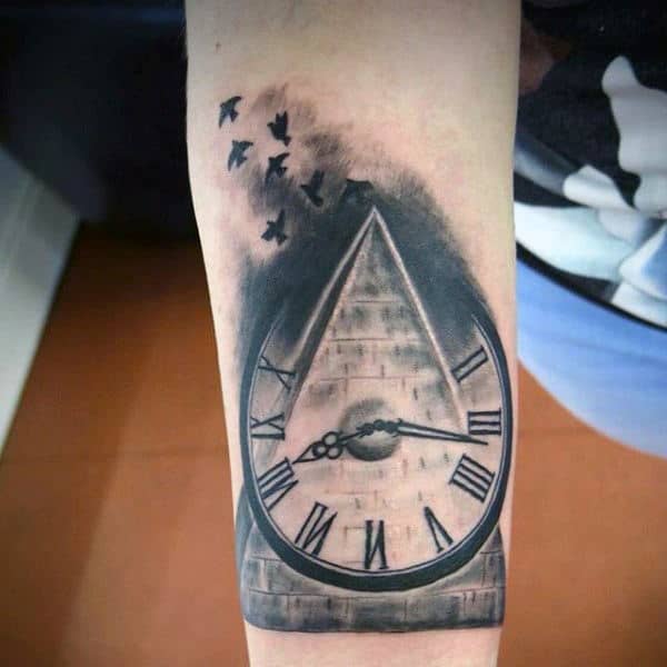 Birds Flying From Pyramid And Clock Mens Wrist Tattoos