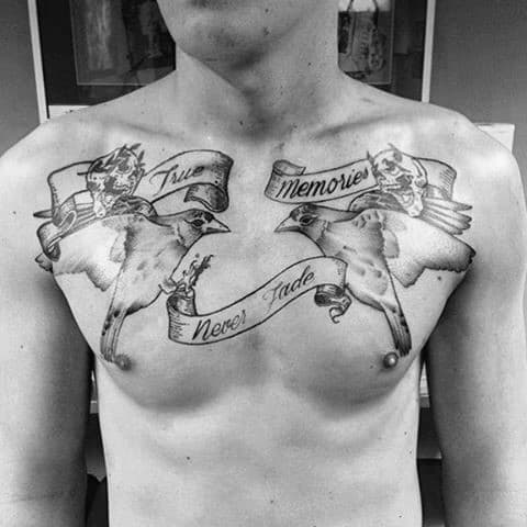 Birds Flying With Scroll Banners Mens Upper Chest Tattoos