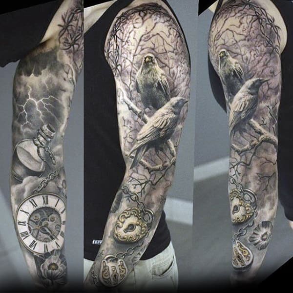 Birds In A Tree With Pocket Watch Mens Unique Sleeve Tattoos