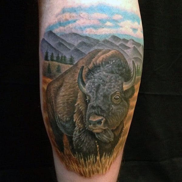 Bison Buffalo Roaming In Field Mens Leg Calf Tattoos