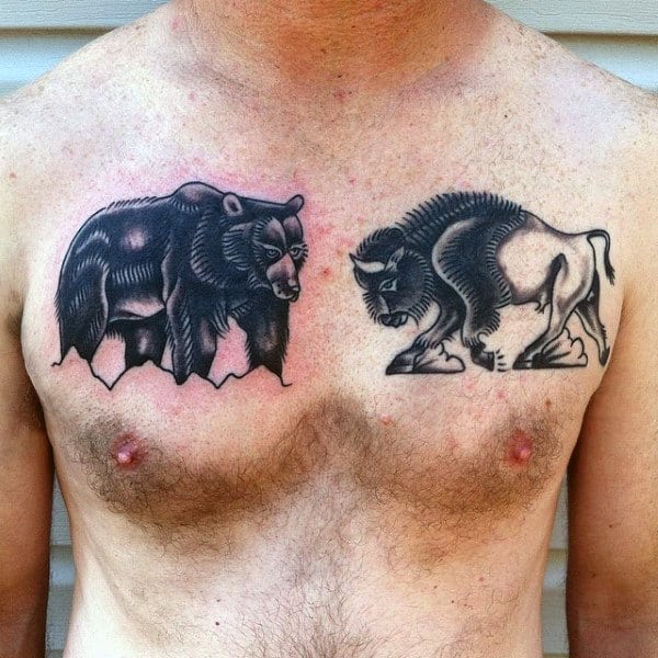 Bison Charging At Bear Mens Upper Chest Old School Tattoo