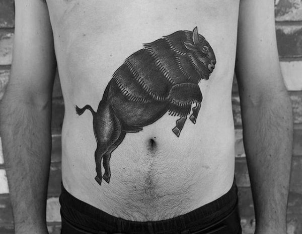Bison Jumping Mens Stomach Tattoos