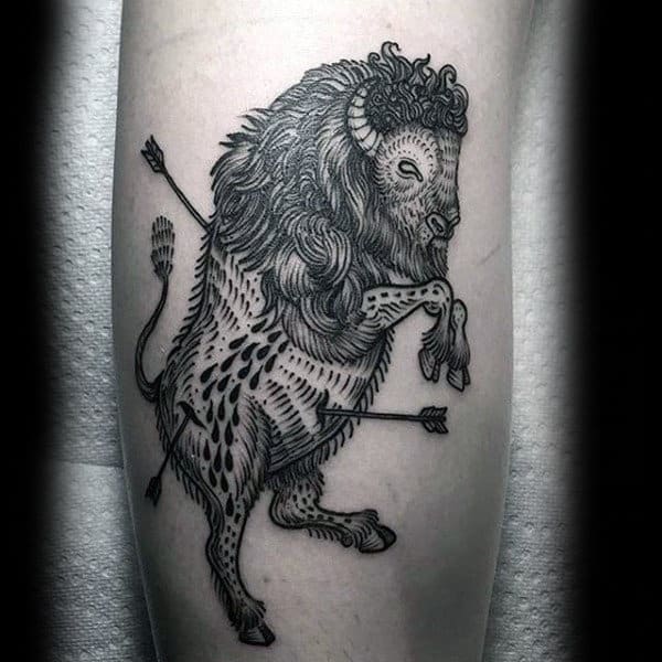 Bison With Arrows Mens Leg Tattoos