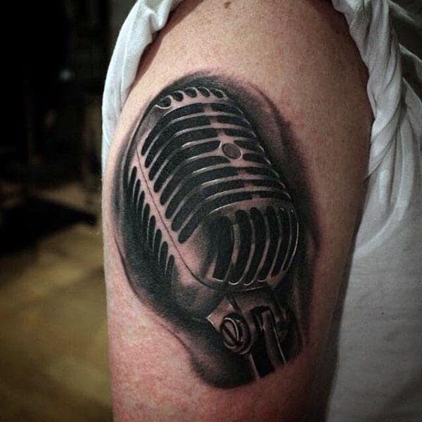 Black 3D Mic Tattoo Male Arms